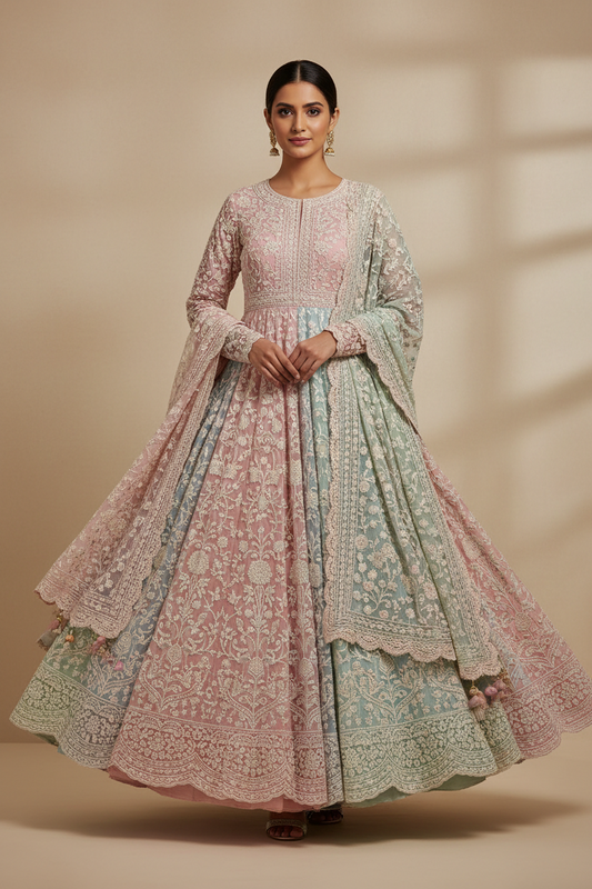 Pastel pink and mint embroidered Anarkali with a matching dupatta