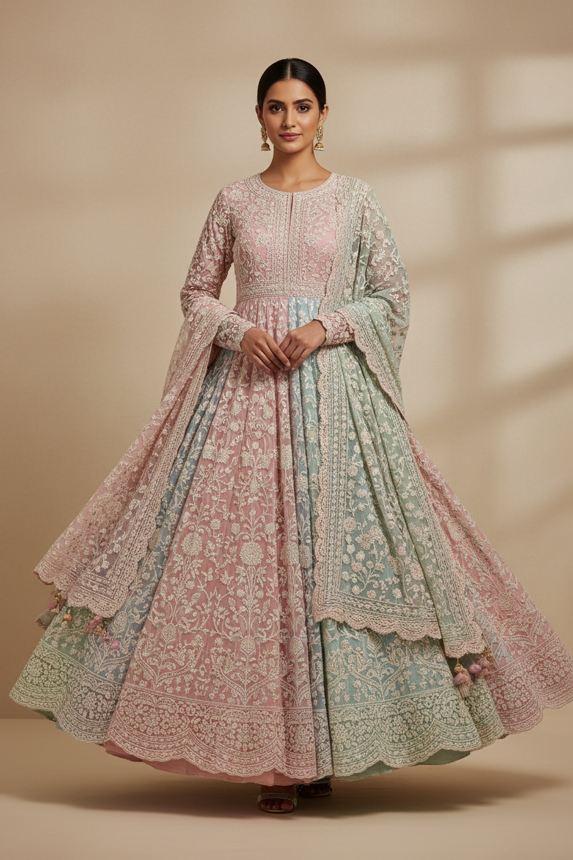 Woman wearing a pastel pink and mint embroidered Anarkali with a matching dupatta.