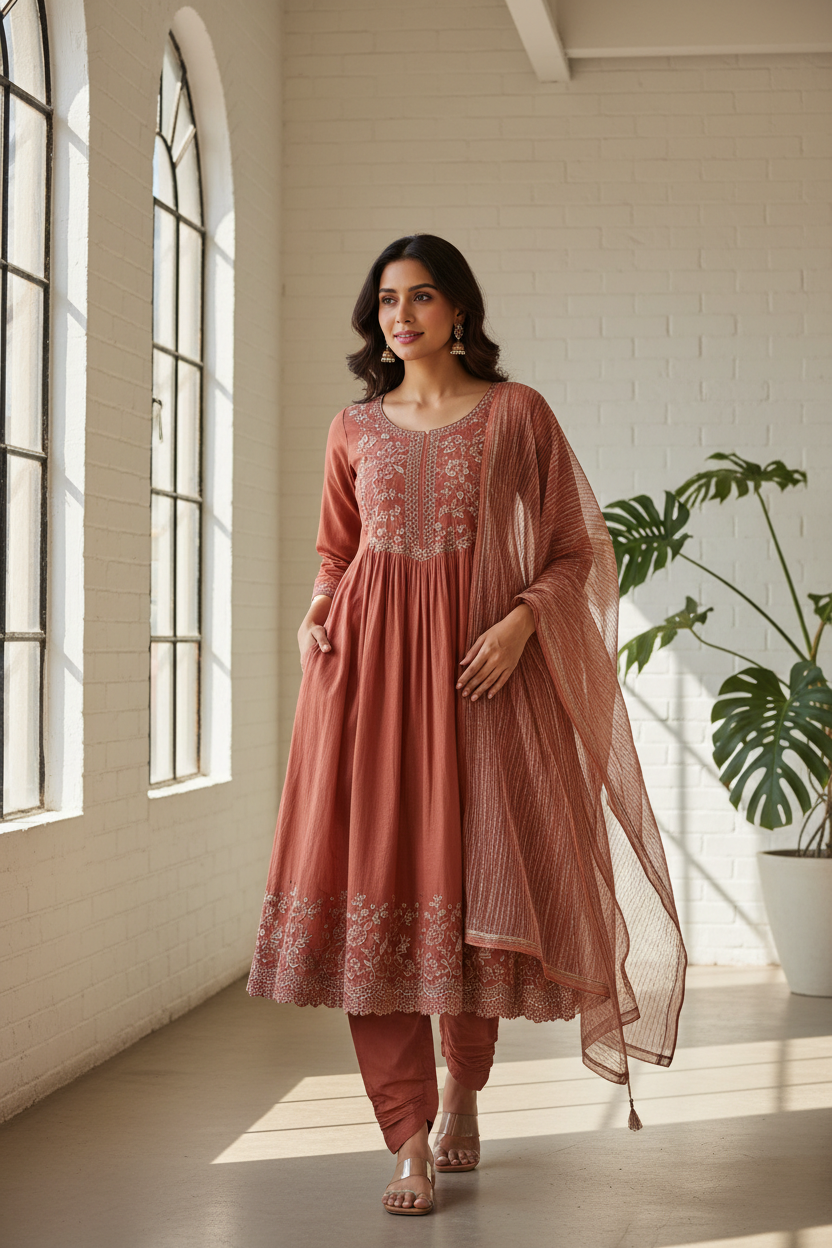 Woman wearing a terracotta embroidered salwar kameez with a matching dupatta.