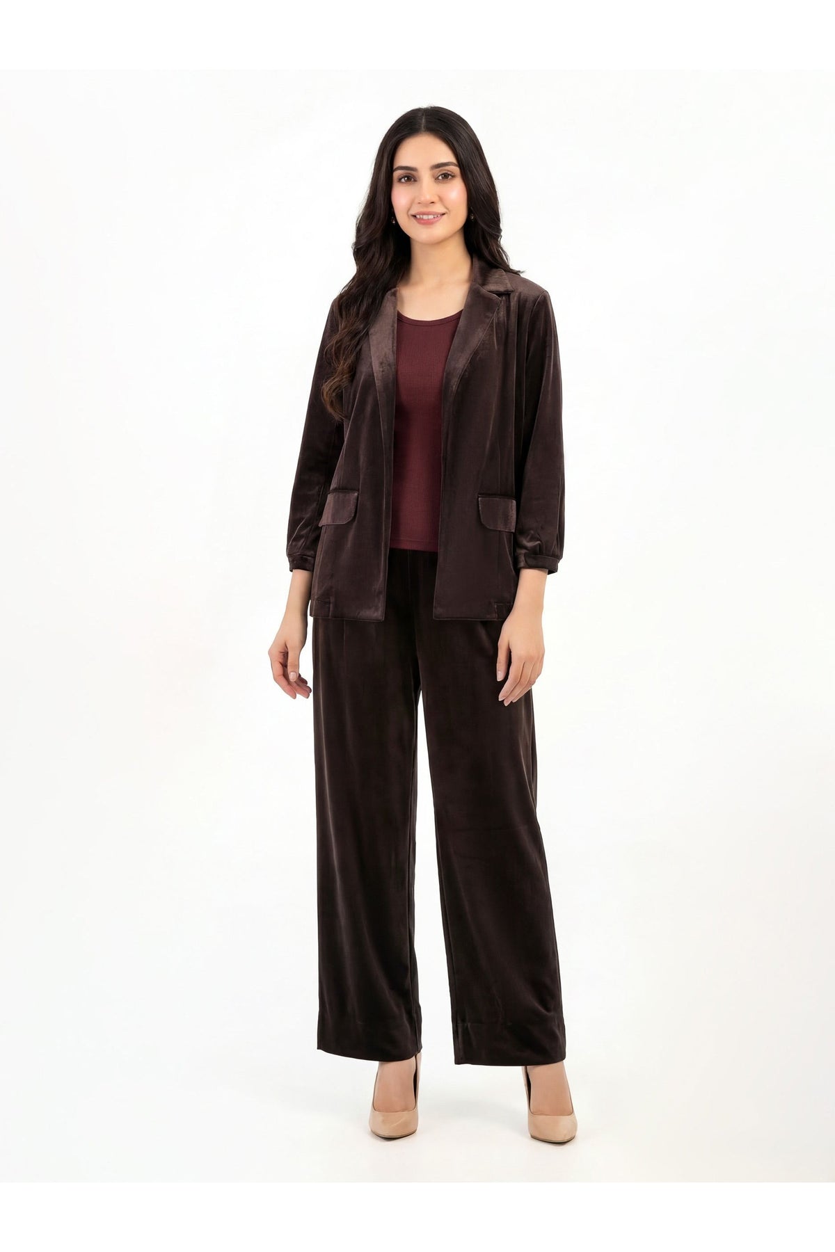 Chocolate Velvet 3-Piece Co-ord Set | Tailored Blazer