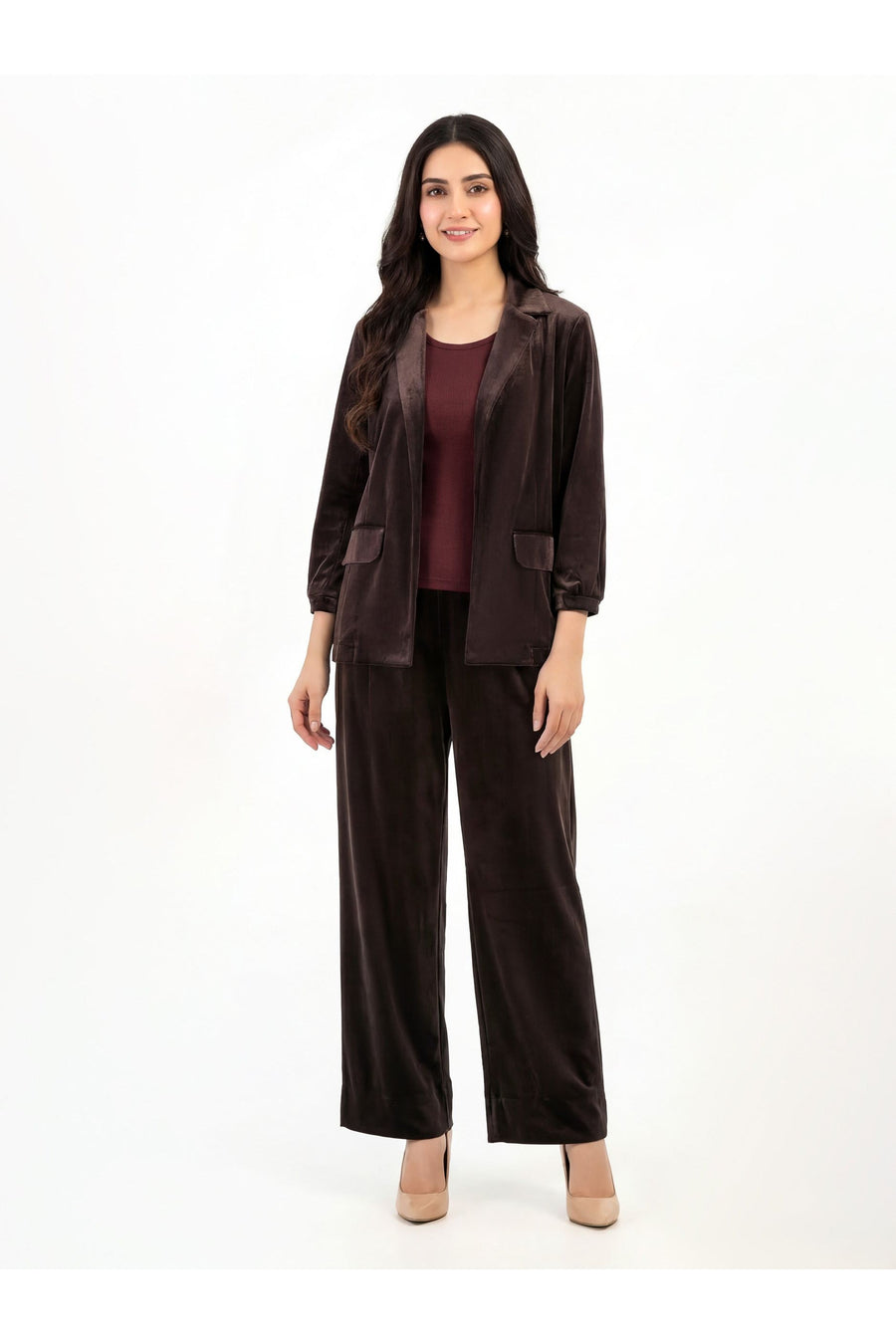 Chocolate Velvet 3-Piece Co-ord Set | Tailored Blazer