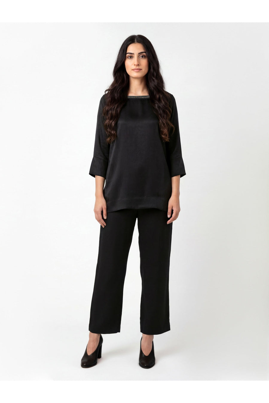 Midnight Silk 2-Piece Co-ord | Beaded Round Neck