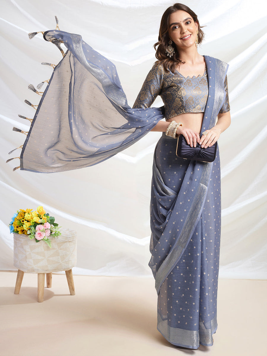 Grey Chiffon Ready To Wear Saree With Blouse Piece - Pehnaawaa