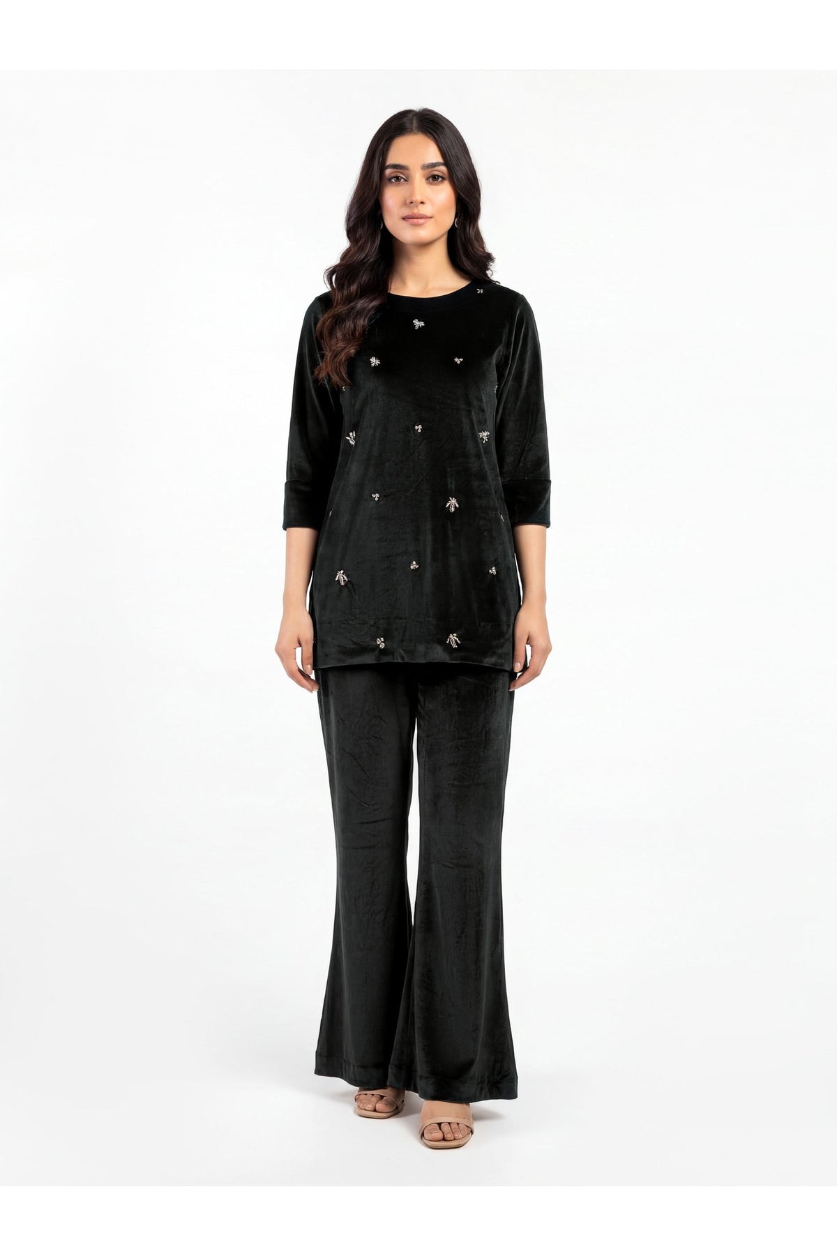 Charcoal Velvet 2-Piece Set | Crystal Embellished Top