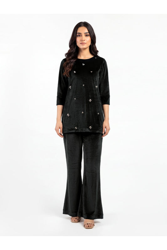 Charcoal Velvet 2-Piece Set | Crystal Embellished Top