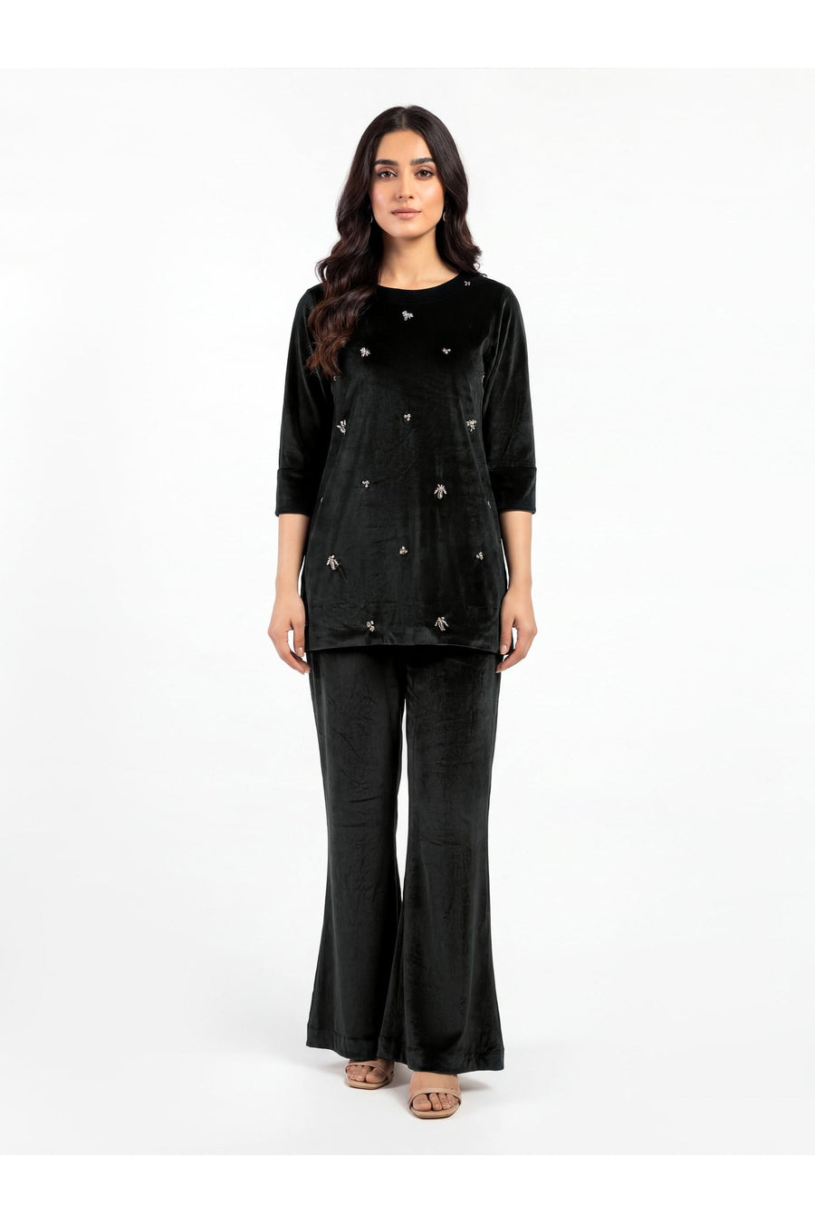 Charcoal Velvet 2-Piece Set | Crystal Embellished Top