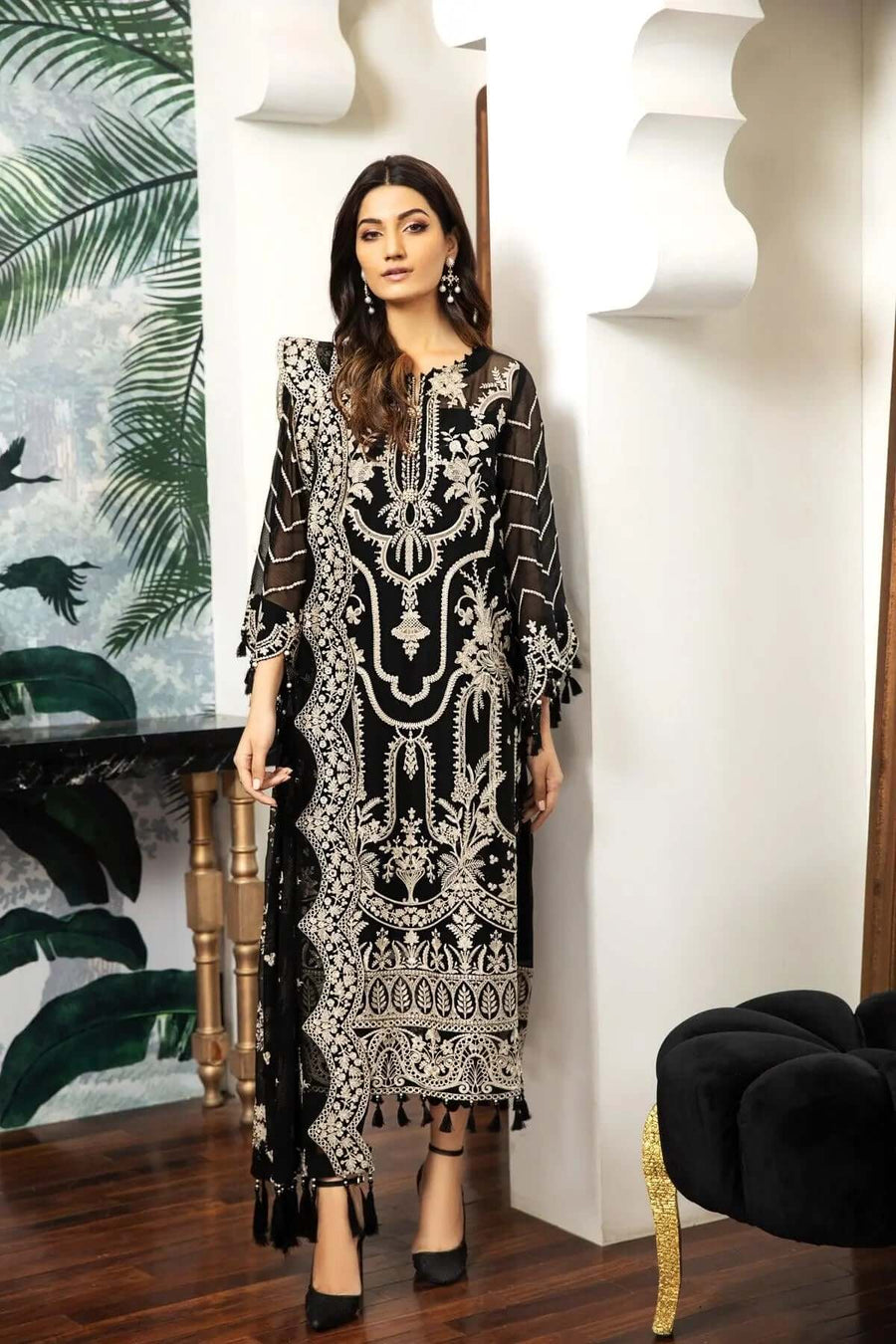 Side angle of elegant embroidered chiffon outfit with matching dupatta