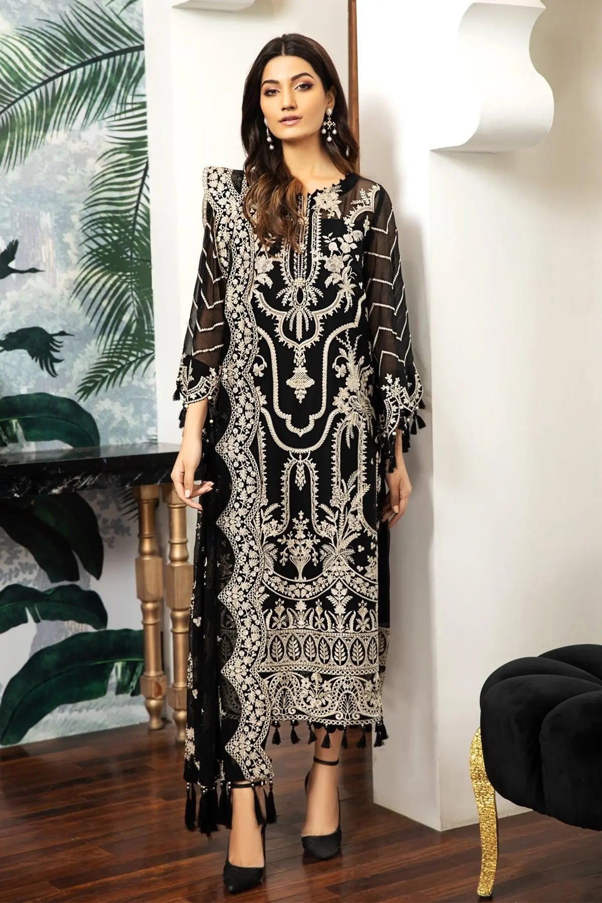 Midnight Dahlia – Embroidered Black Chiffon 3-Piece Luxury Festive Suit