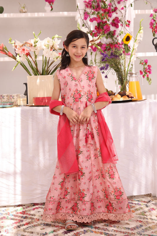 Girls’ Candlelight Peach Floral Chikankari Lawn 3-Piece Kalidaar Suit