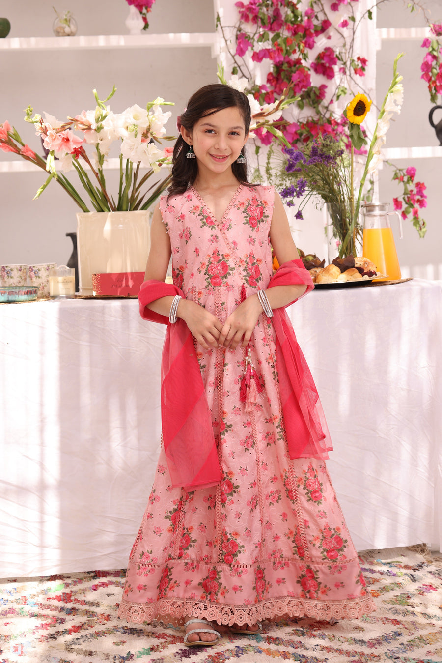 Girls’ Candlelight Peach Floral Chikankari Lawn 3-Piece Kalidaar Suit