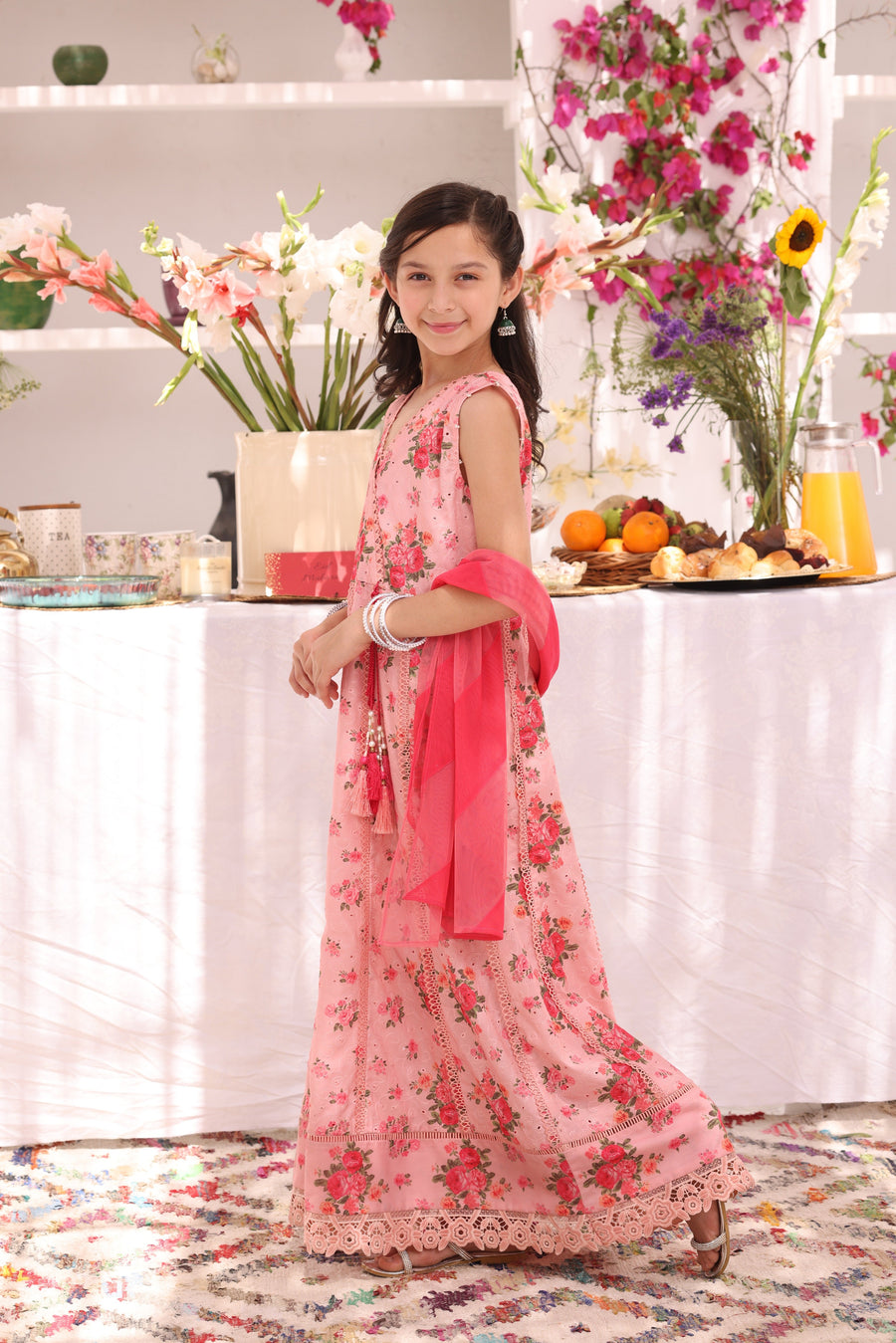 Girls’ Candlelight Peach Floral Chikankari Lawn 3-Piece Kalidaar Suit