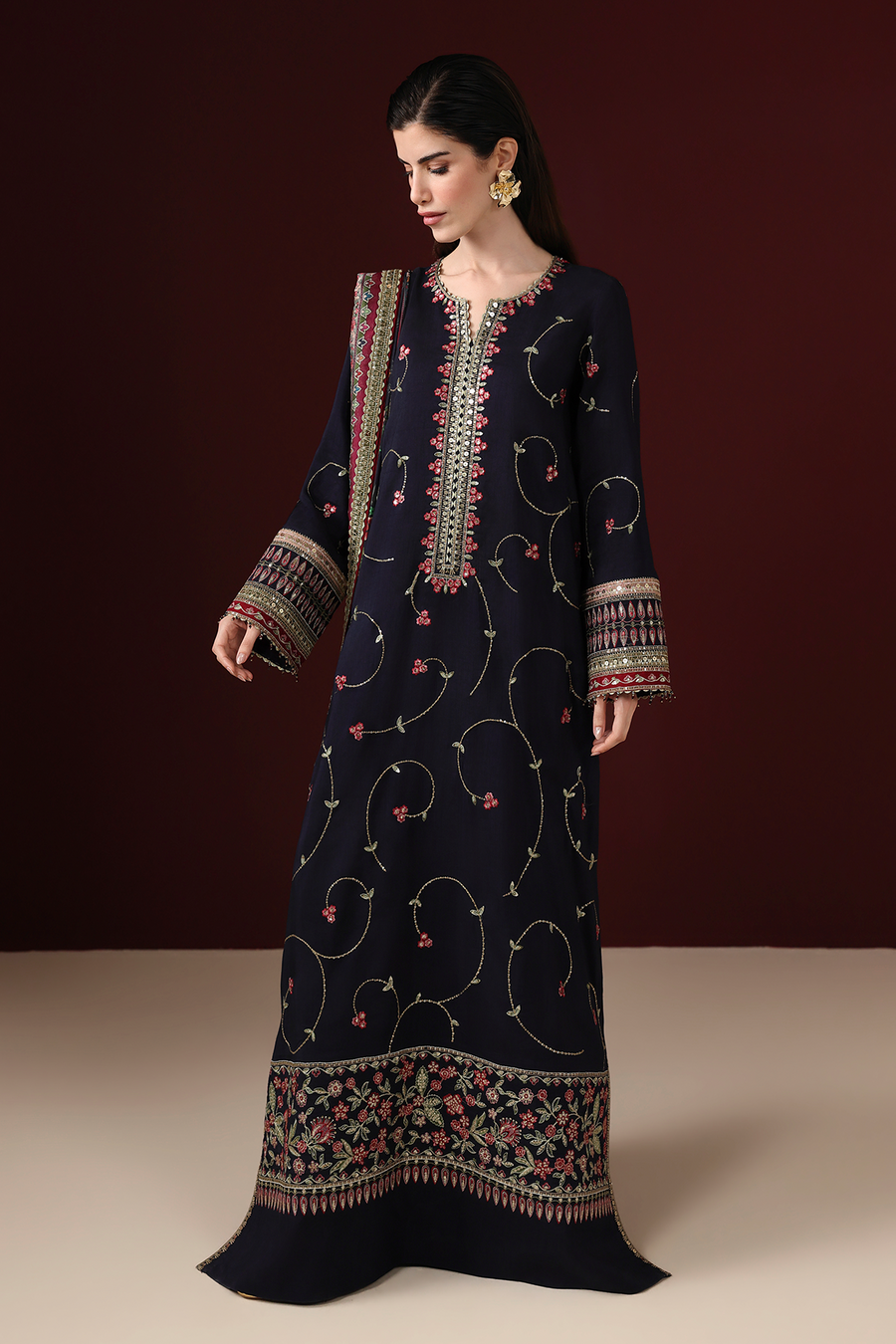 Midnight Blue Floral Embroidered Korean Raw Silk 3-Piece Suit