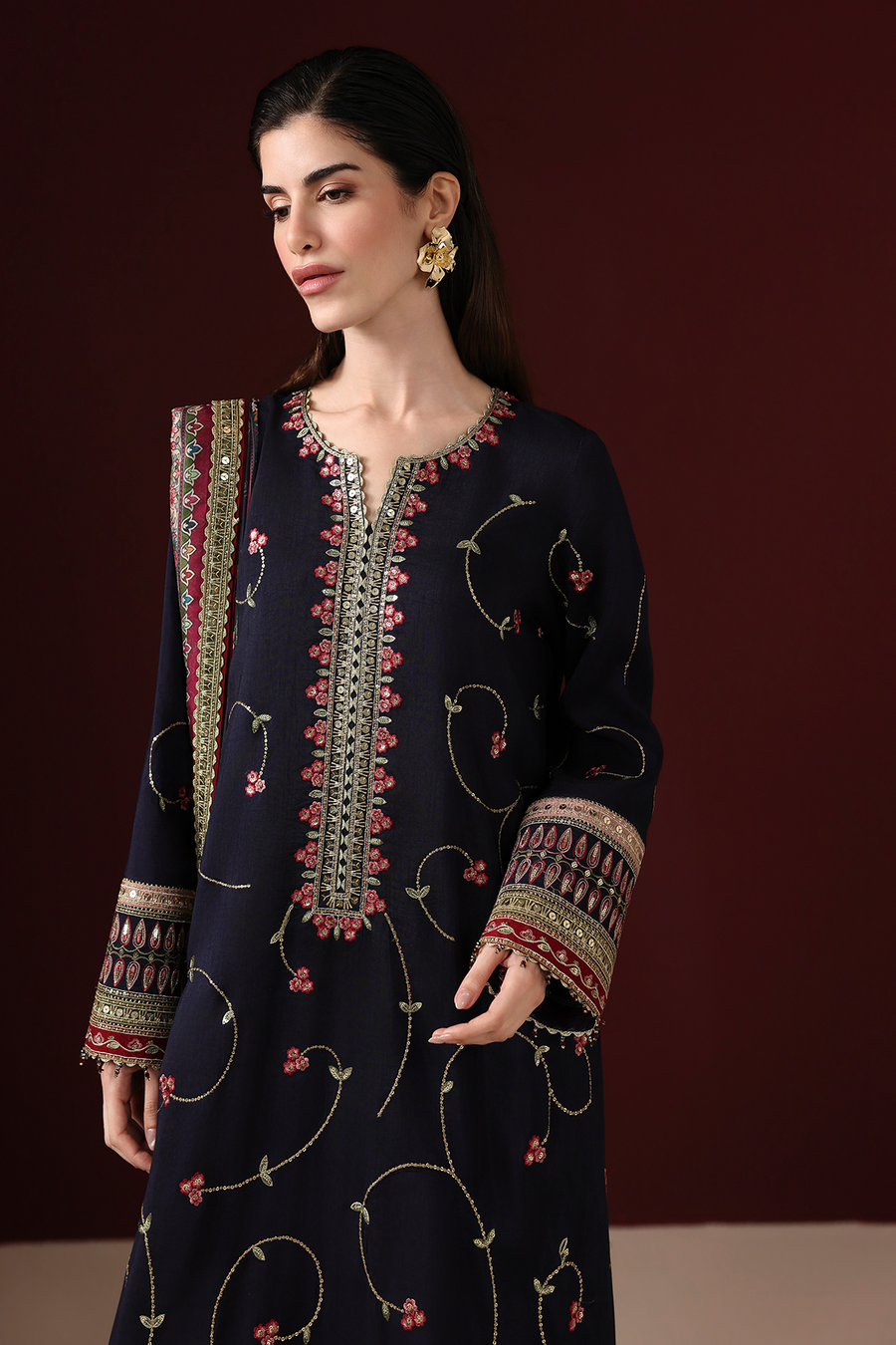 Midnight Blue Floral Embroidered Korean Raw Silk 3-Piece Suit