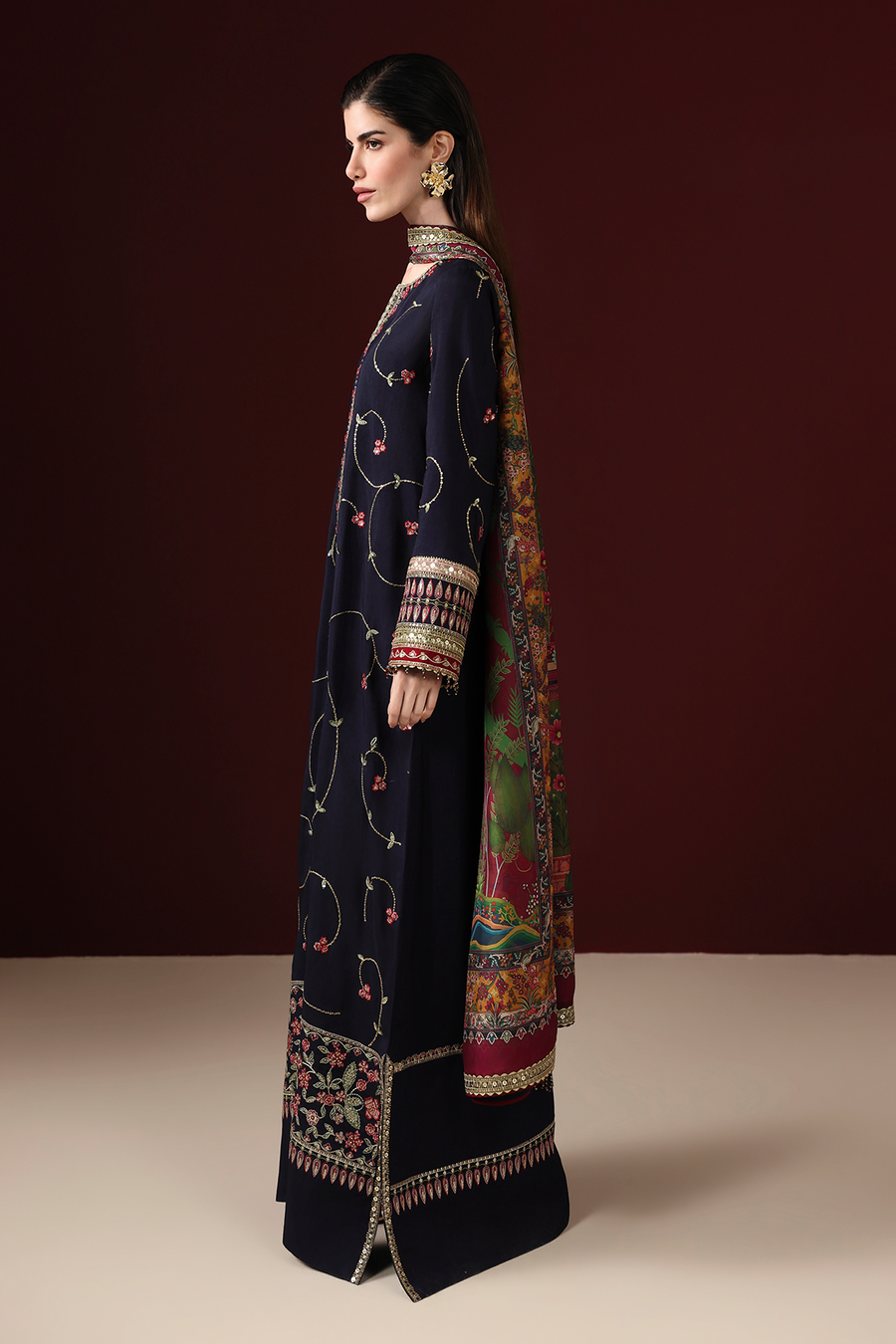 Midnight Blue Floral Embroidered Korean Raw Silk 3-Piece Suit