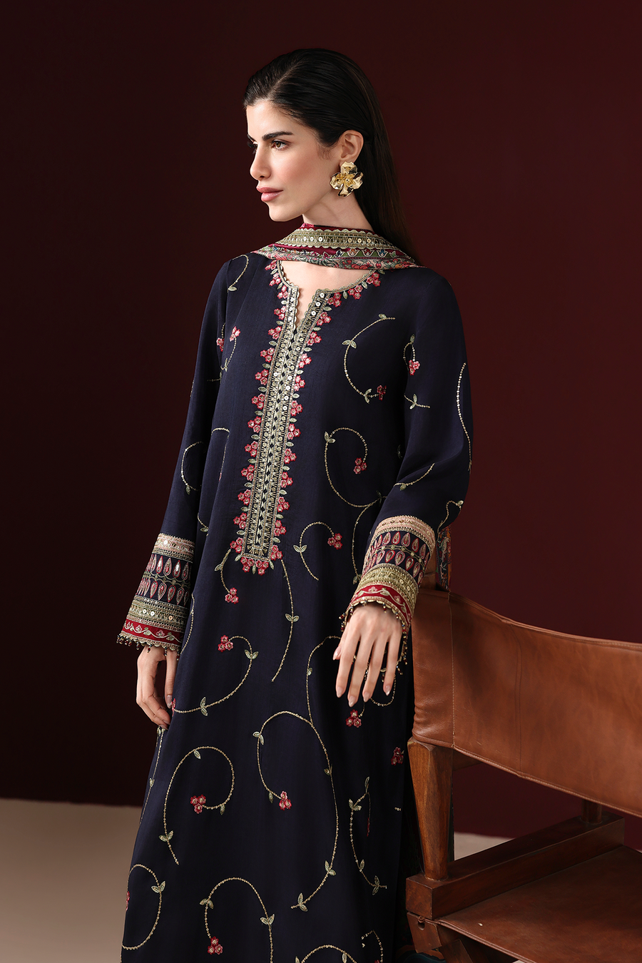 Midnight Blue Floral Embroidered Korean Raw Silk 3-Piece Suit