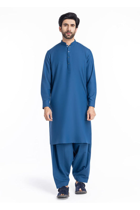 Slate Blue Mercerized Cotton 2-Piece Kurta | Mandarin Collar