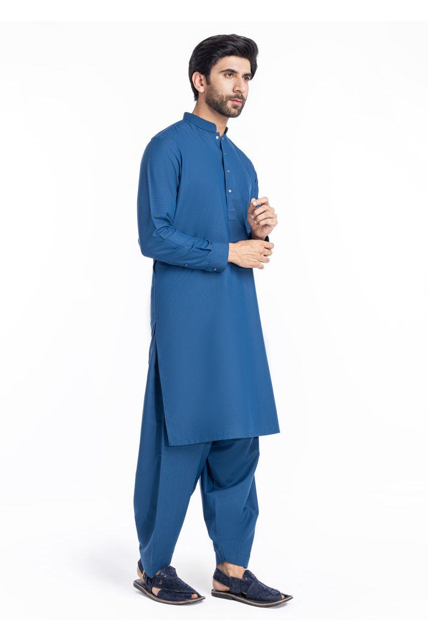Slate Blue Mercerized Cotton 2-Piece Kurta | Mandarin Collar
