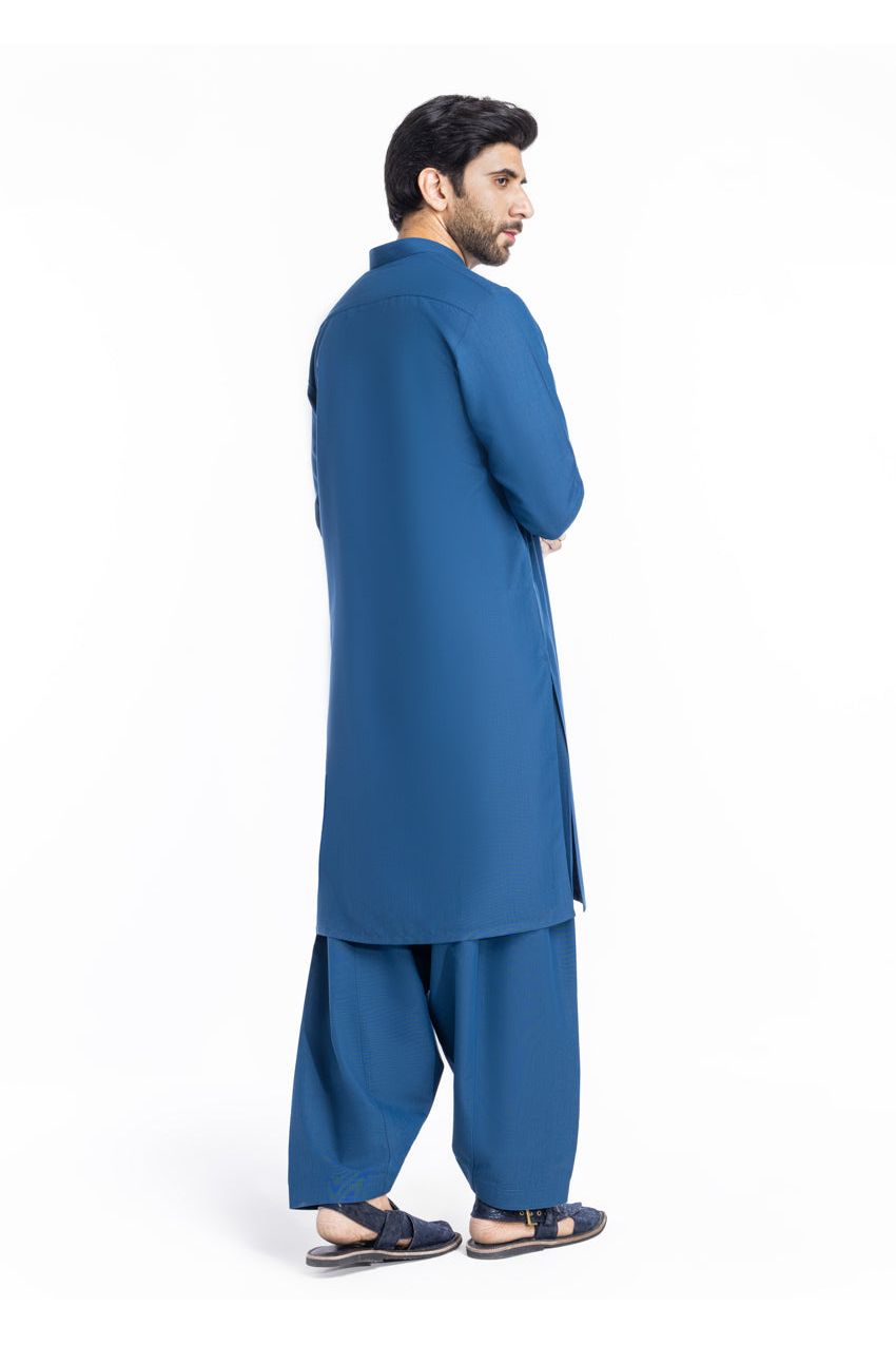 Slate Blue Mercerized Cotton 2-Piece Kurta | Mandarin Collar