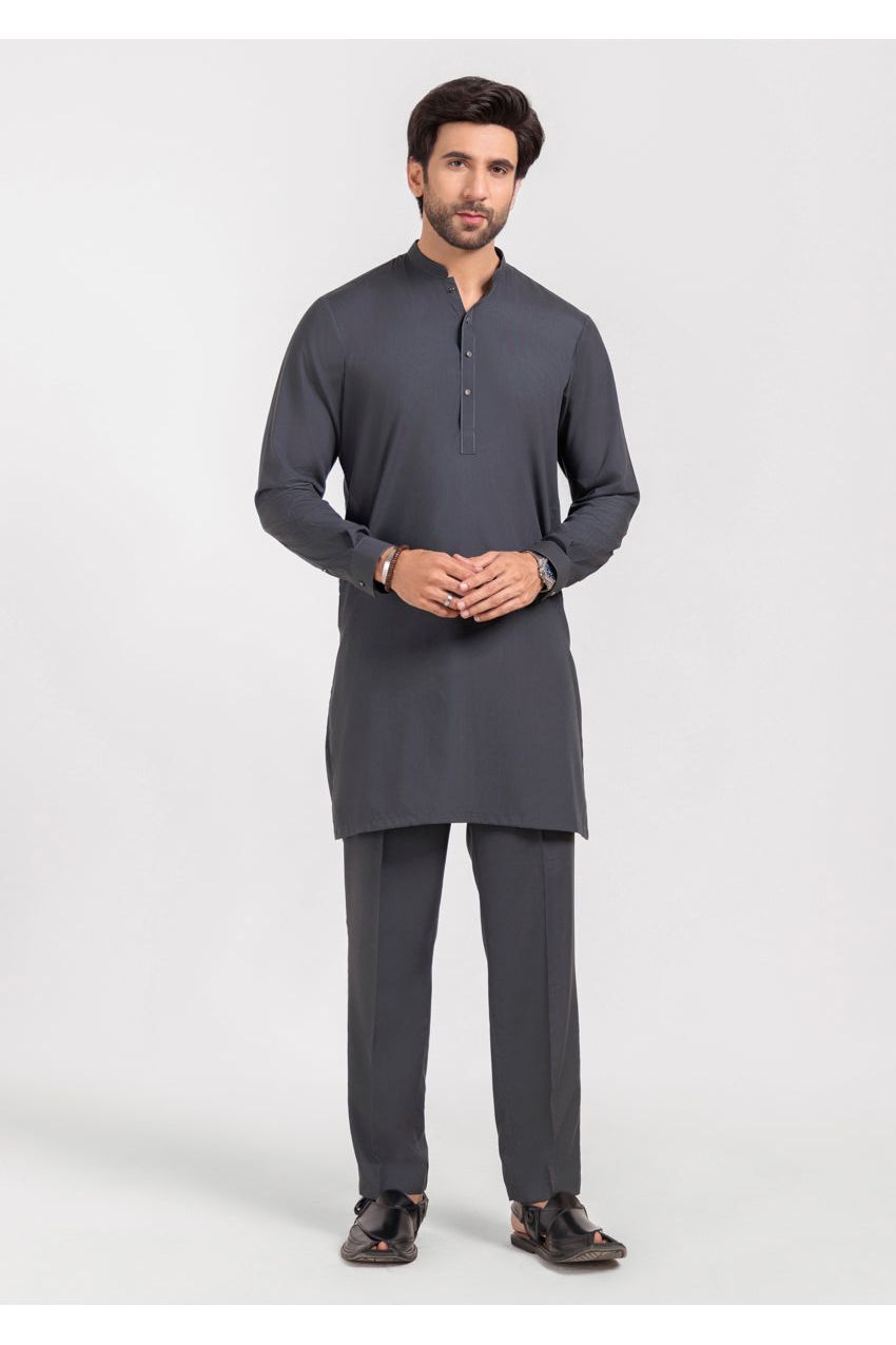 Charcoal Silk Blend 2-Piece Kurta Trouser | Henley Neckline