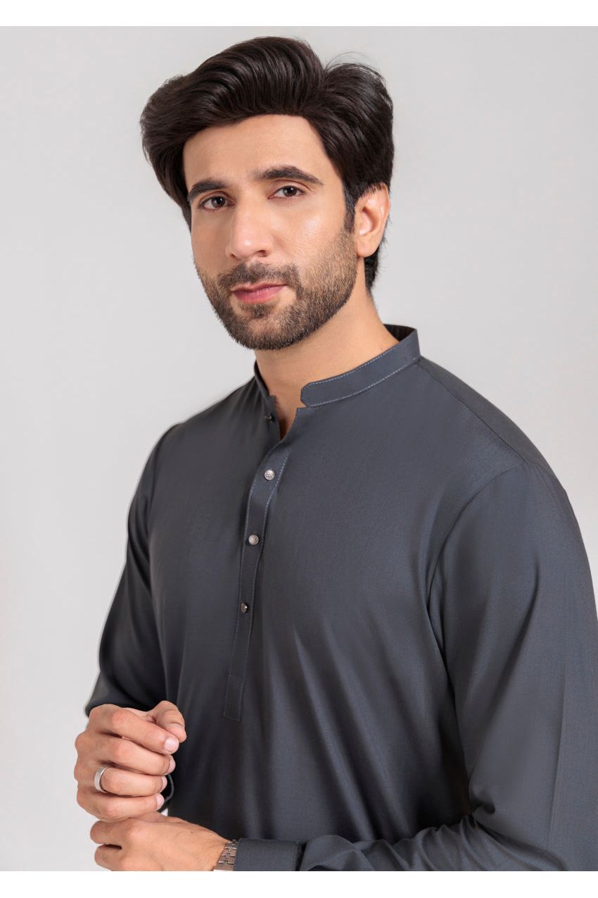 Charcoal Silk Blend 2-Piece Kurta Trouser | Henley Neckline