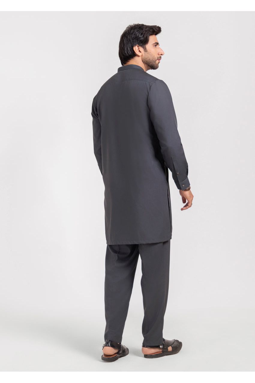 Charcoal Silk Blend 2-Piece Kurta Trouser | Henley Neckline