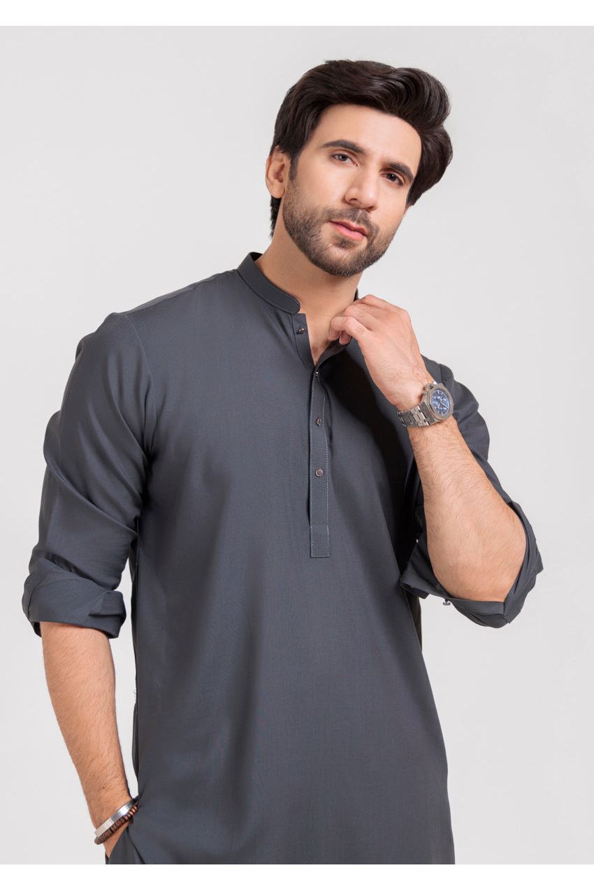 Charcoal Silk Blend 2-Piece Kurta Trouser | Henley Neckline