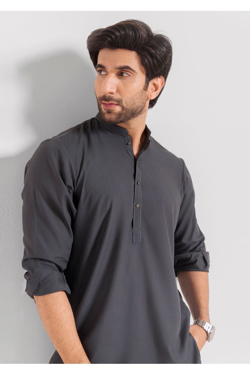 Charcoal Silk Blend 2-Piece Kurta Trouser | Henley Neckline