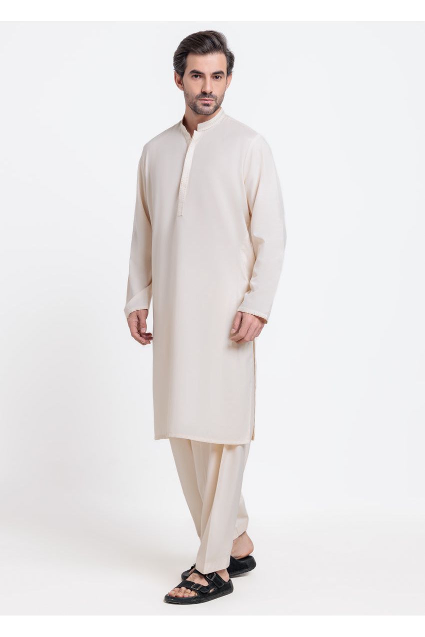 Cream Cotton Blend 2-Piece Kurta Shalwar | Mandarin Neckline
