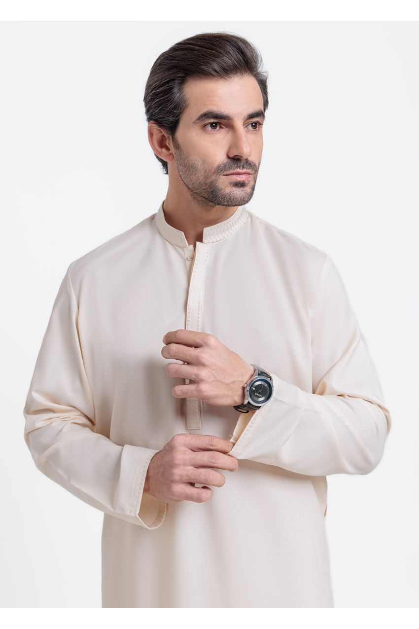 Cream Cotton Blend 2-Piece Kurta Shalwar | Mandarin Neckline