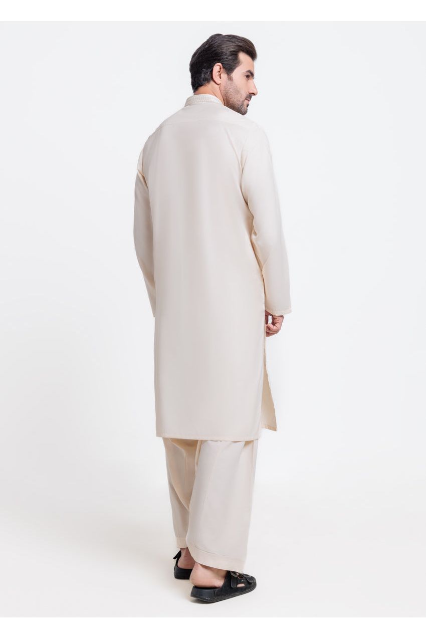 Cream Cotton Blend 2-Piece Kurta Shalwar | Mandarin Neckline