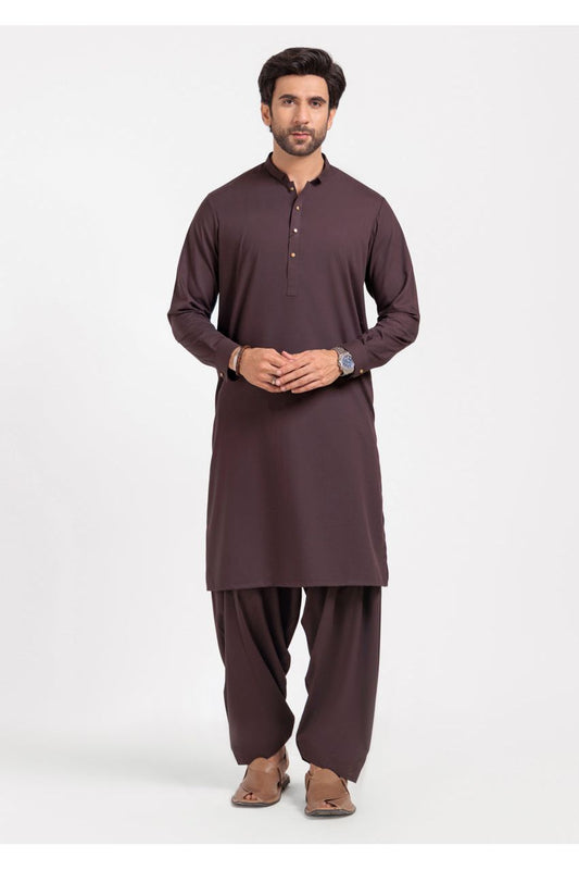 Plum Silk Blend 2-Piece Kurta | Henley Neckline