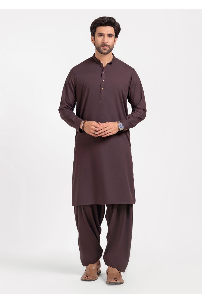 Plum Silk Blend 2-Piece Kurta | Henley Neckline
