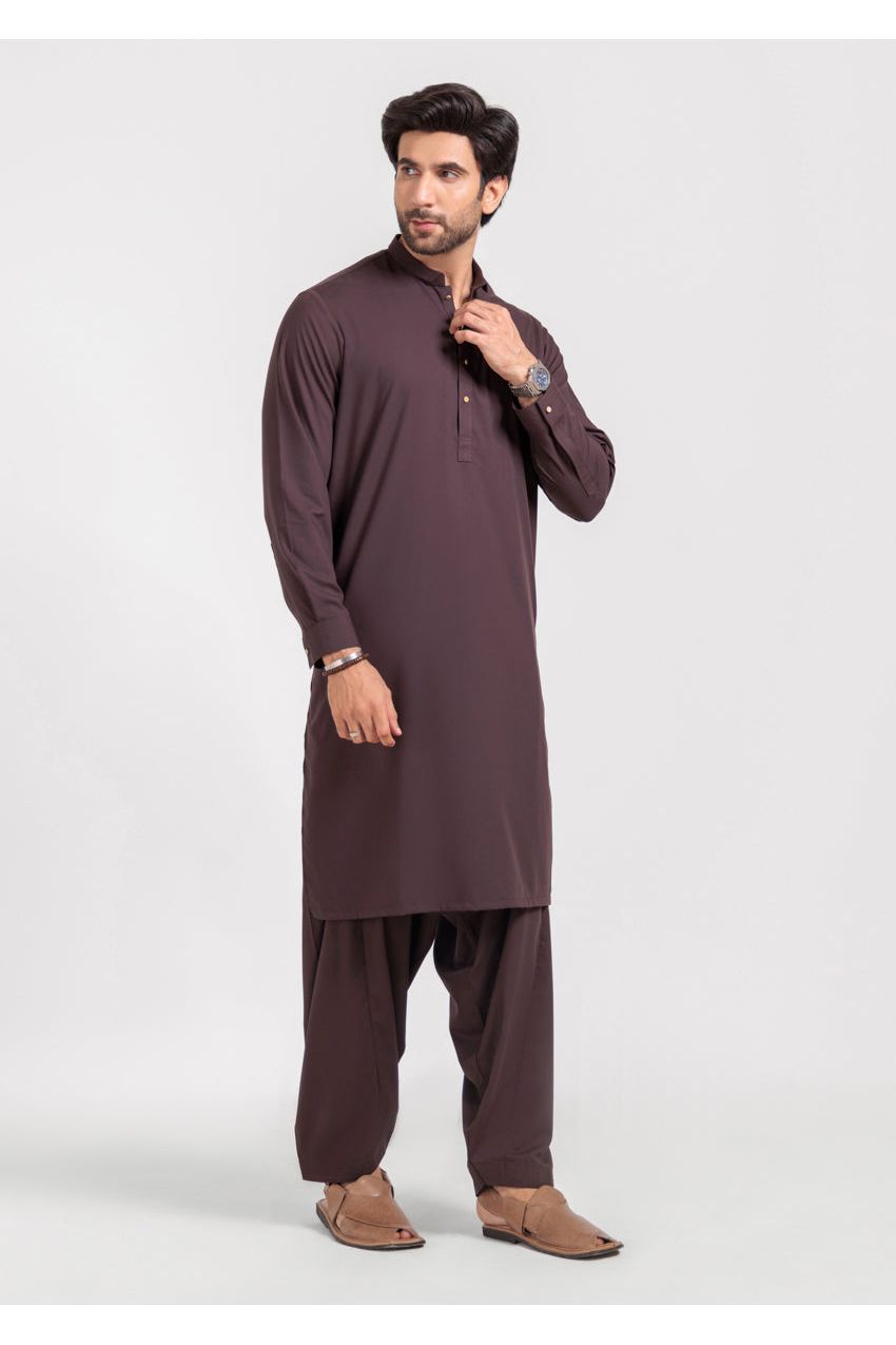 Plum Silk Blend 2-Piece Kurta | Henley Neckline