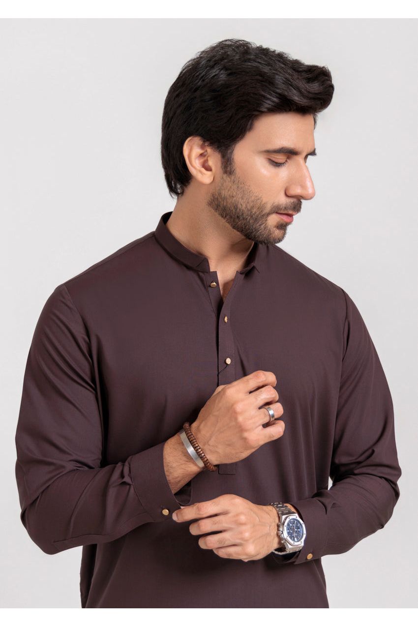 Plum Silk Blend 2-Piece Kurta | Henley Neckline