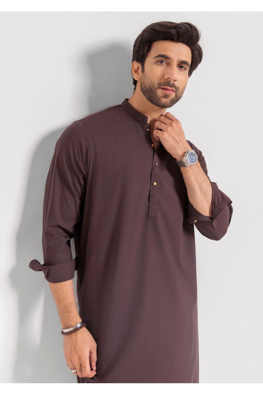 Plum Silk Blend 2-Piece Kurta | Henley Neckline