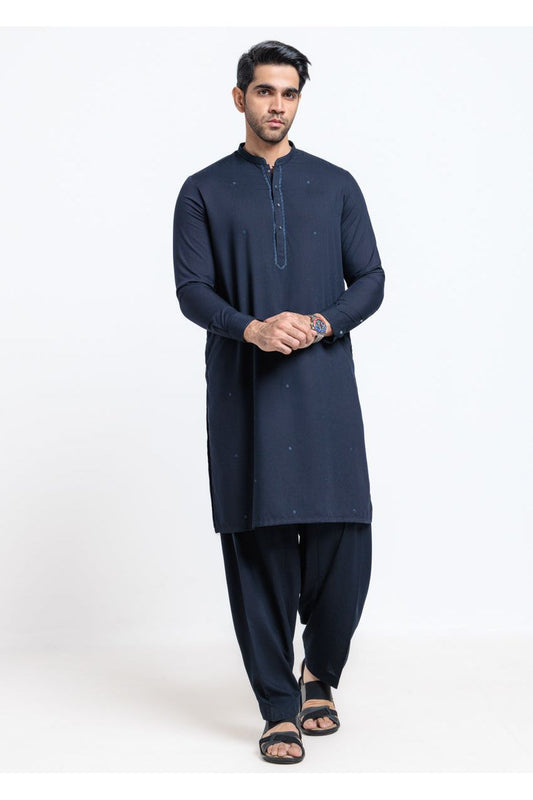 Midnight Navy Cotton 2-Piece Kurta | Embroidered Placket - Pehnaawaa