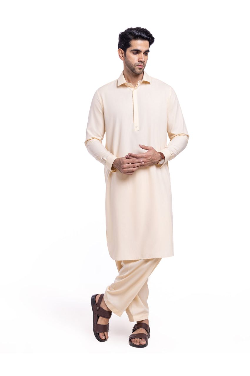 Cream Egyptian Cotton Silk Kurta 2-Piece | Half-Button Placket