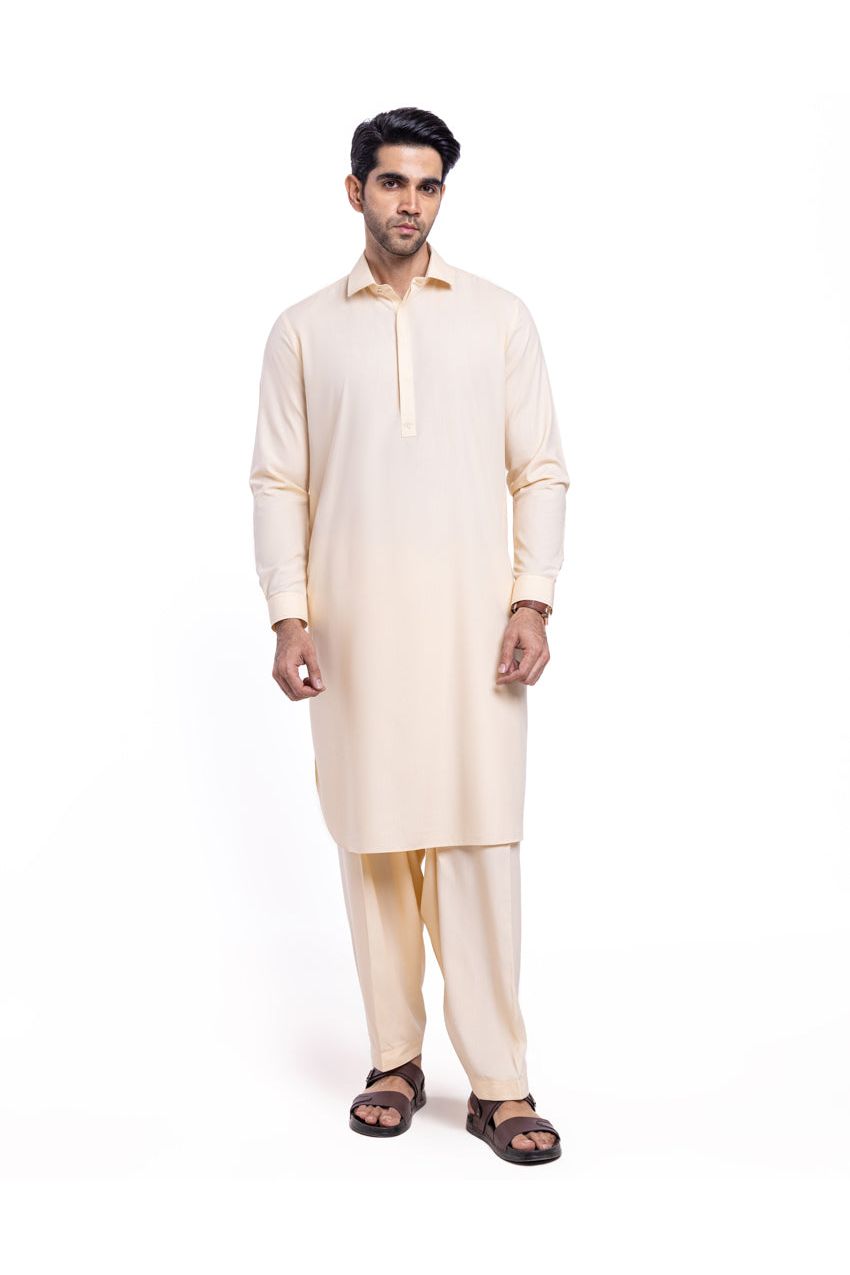 Cream Egyptian Cotton Silk Kurta 2-Piece | Half-Button Placket