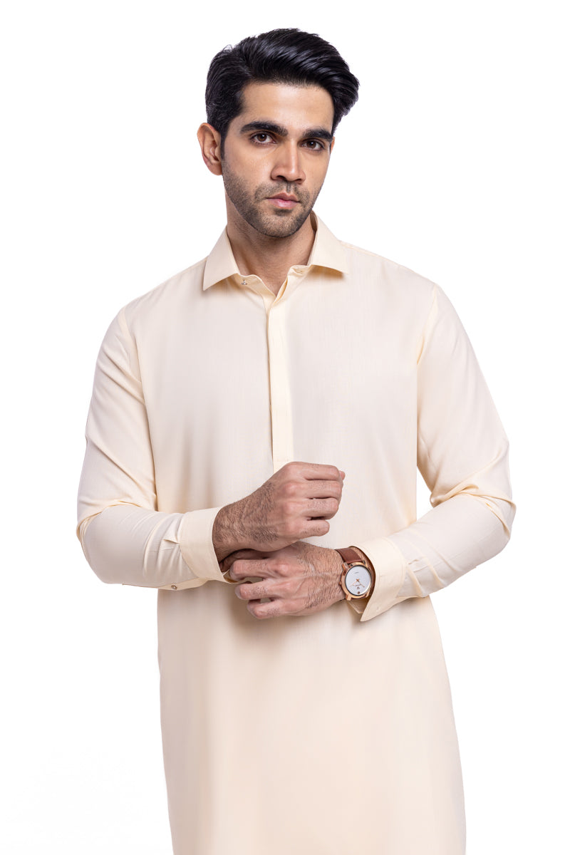 Cream Egyptian Cotton Silk Kurta 2-Piece | Half-Button Placket