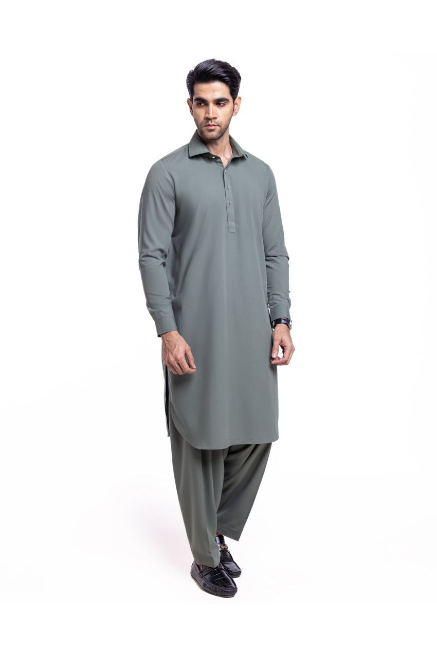 Sage Silk Blend 2-Piece Kurta Suit | Clean Collar Formal