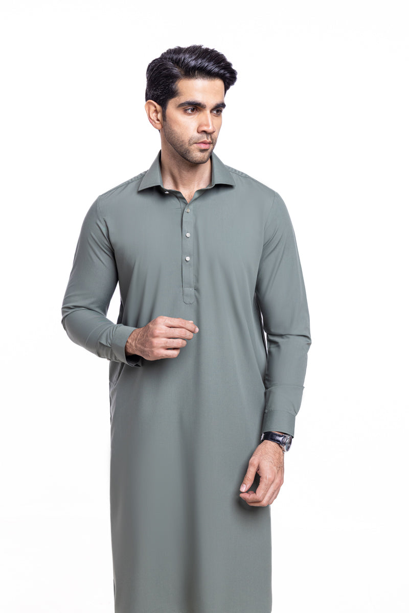 Sage Silk Blend 2-Piece Kurta Suit | Clean Collar Formal