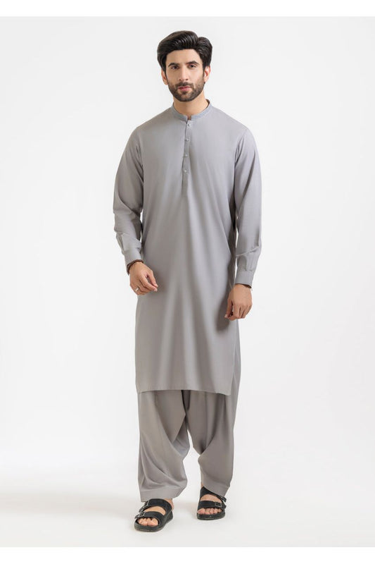 Sage Grey Mulberry Silk 2-Piece Kurta Suit | Minimalist Button Front