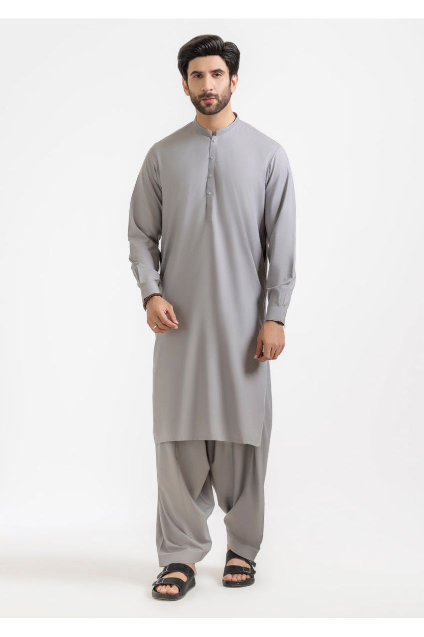Sage Grey Mulberry Silk 2-Piece Kurta Suit | Minimalist Button Front
