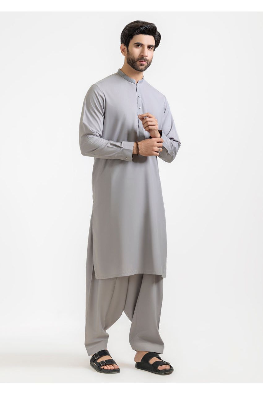 Sage Grey Mulberry Silk 2-Piece Kurta Suit | Minimalist Button Front