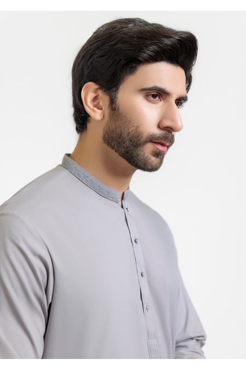 Sage Grey Mulberry Silk 2-Piece Kurta Suit | Minimalist Button Front
