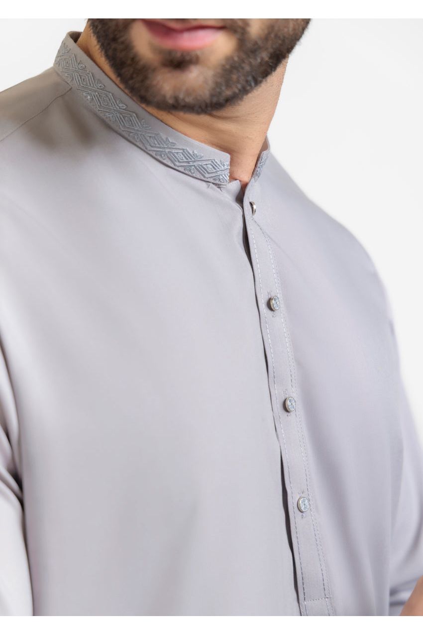Sage Grey Mulberry Silk 2-Piece Kurta Suit | Minimalist Button Front