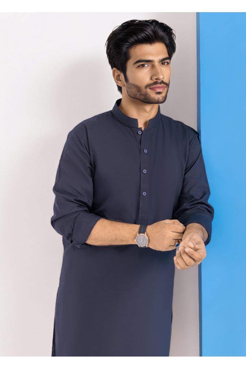 Midnight Navy Cotton 2-Piece Kurta Set | Mandarin Collar - Pehnaawaa