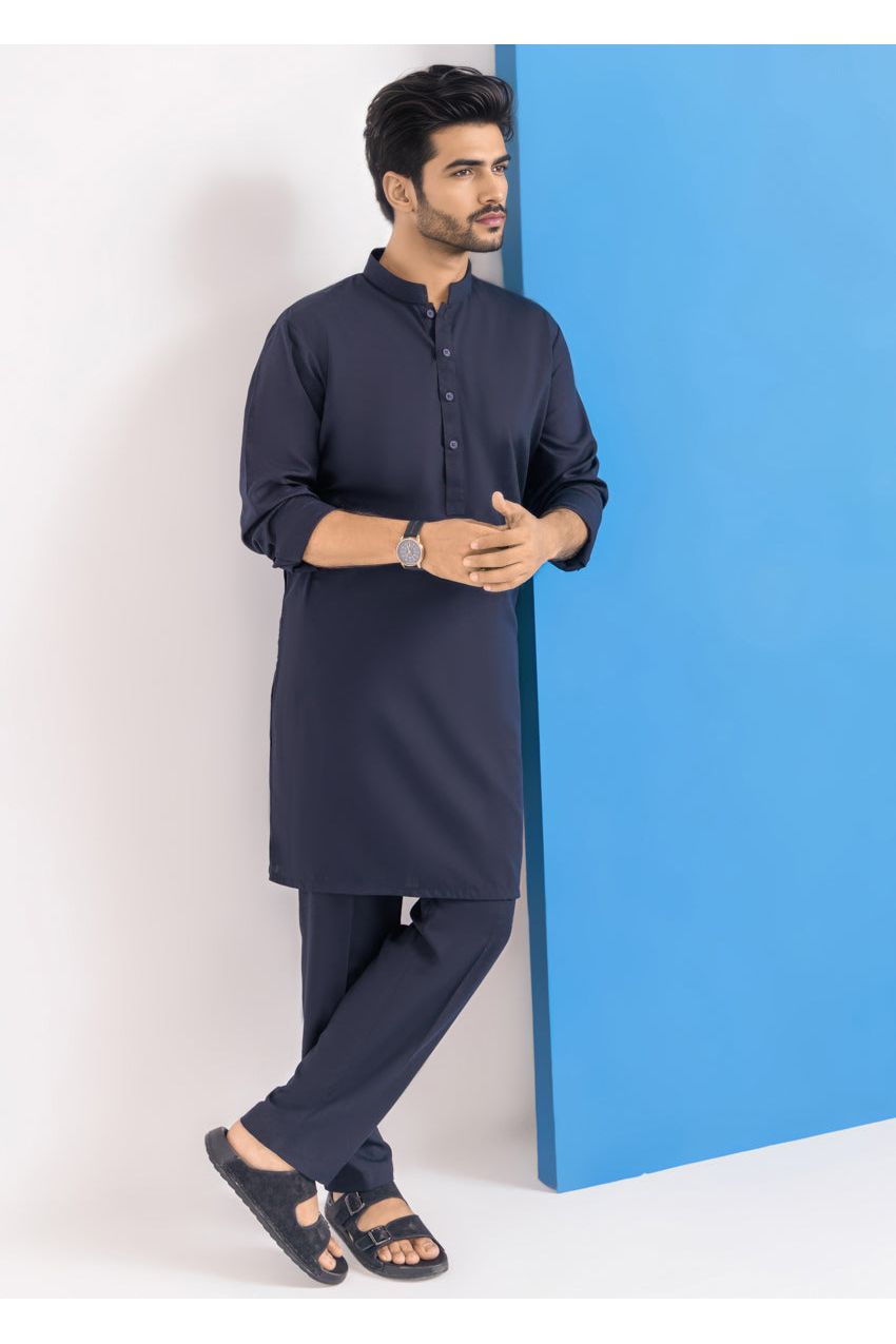 Midnight Navy Cotton 2-Piece Kurta Set | Mandarin Collar - Pehnaawaa