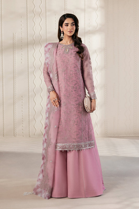 Dusty Pink Embroidered Chiffon Sharara Suit with Sequins Organza Dupatta