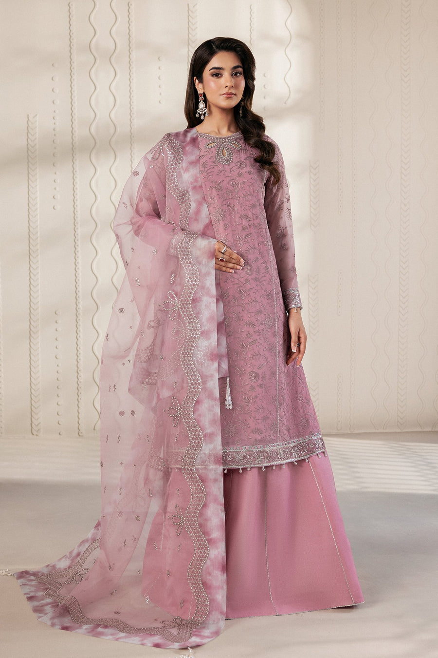 Dusty Pink Embroidered Chiffon Sharara Suit with Sequins Organza Dupatta